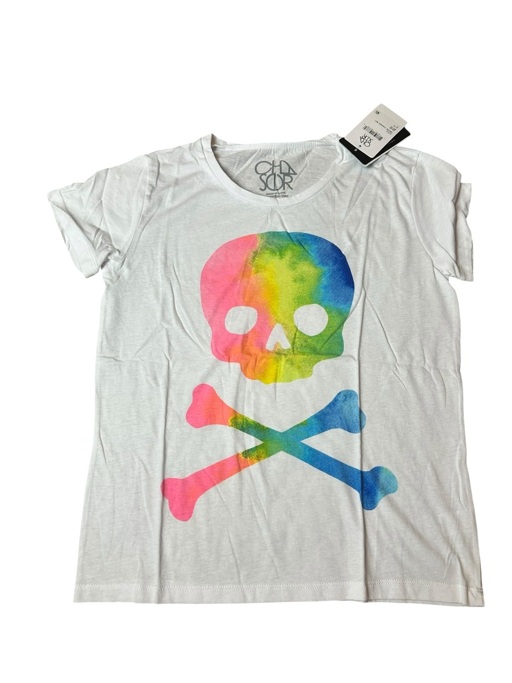 Women’s CHASER White Tee with Rainbow Skull & Crossbones Size Small